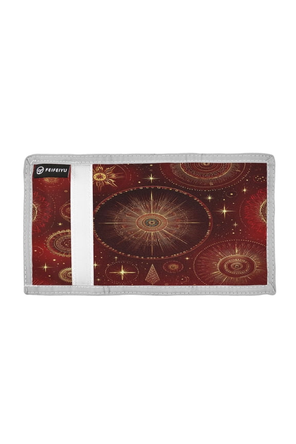 Golden Gears Christmas Red Background Trifold Wallets Card Holders Coin Pockets with Lanyards Portable Unisex