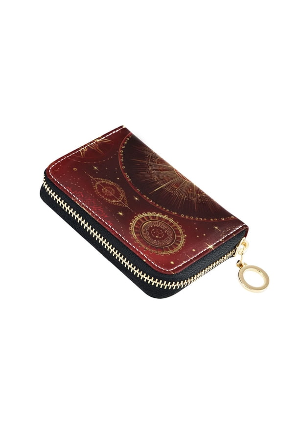 Golden Gears Christmas Red Background Women's Credit Card Holder PU Leather Zipper Wallet RFID Blocking