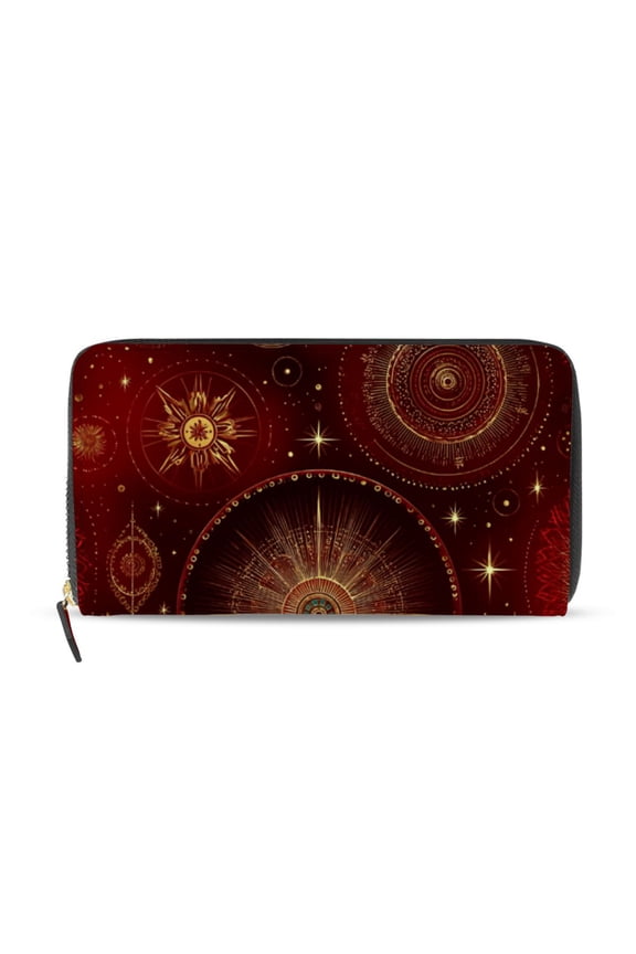 Golden Gears Christmas Red Background Women's Long Zipper Wallet Bifold Clutch Purse PU Leather Card Cases