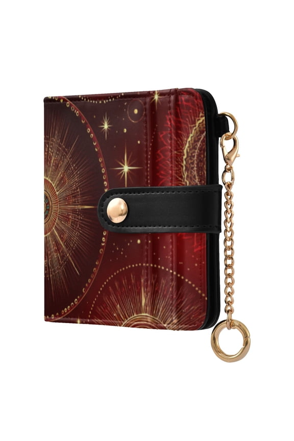 Golden Gears Christmas Red Background Women's Wallet PU Leather Card Cases RFID Blocking Purse Billfold with Key Ring