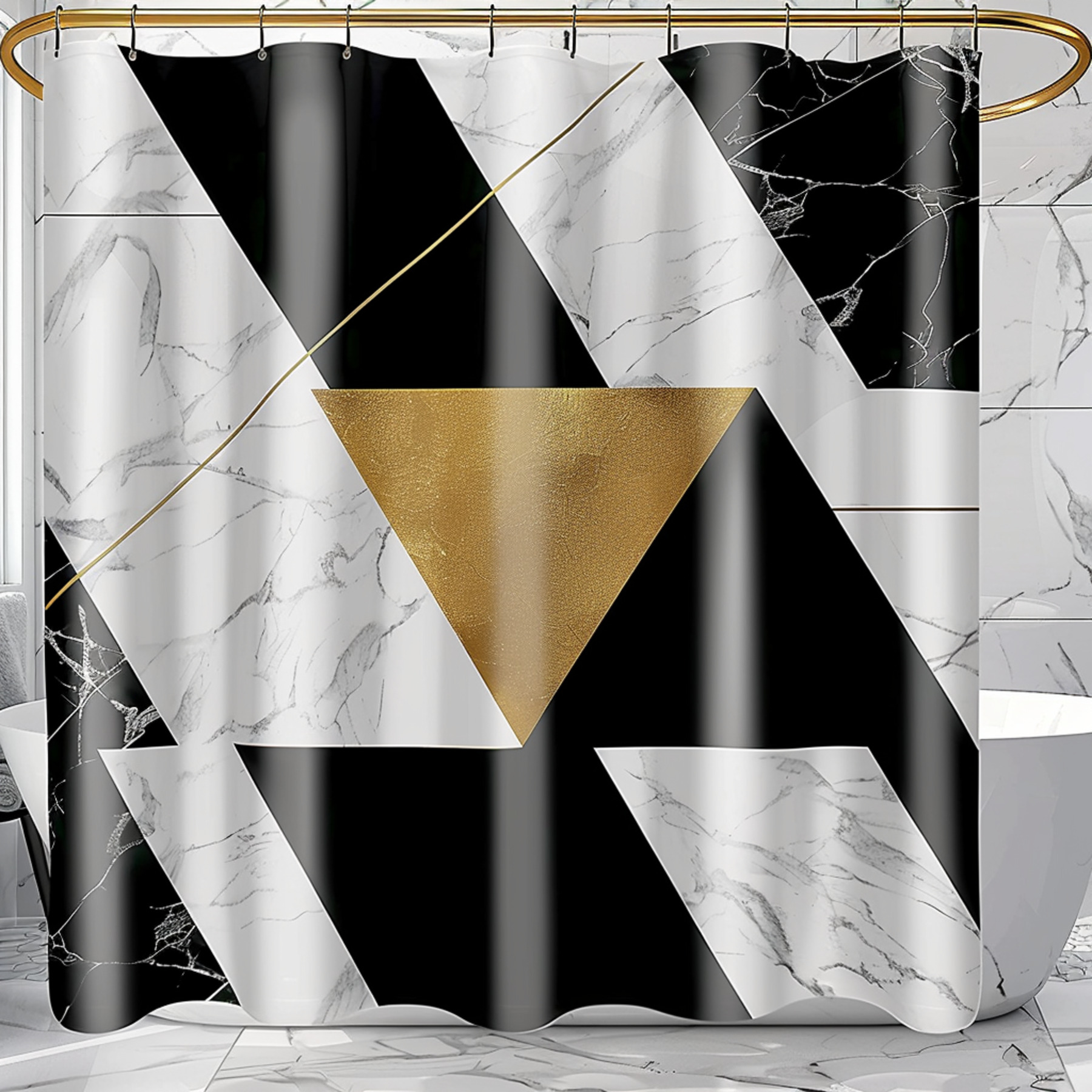 Golden Geometric Elegance Black & White Marble Shower Curtain Luxury