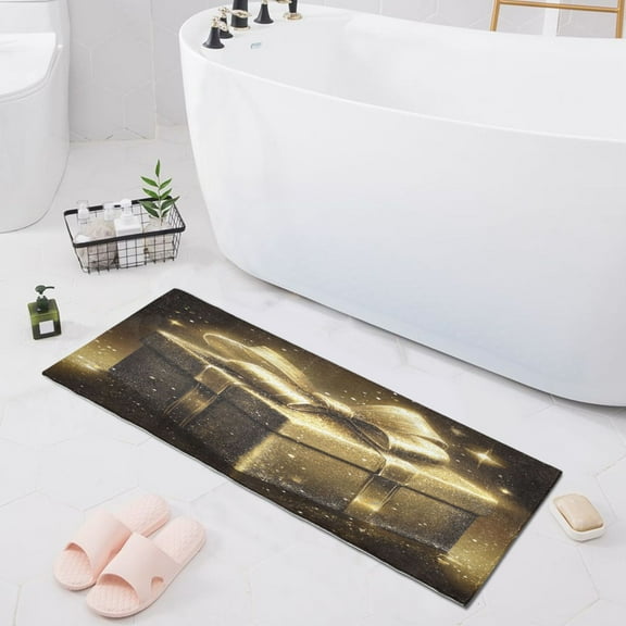 Golden Gift Box Bath Mat 39x20 Non-Slip Bathroom Rugs Absorbent Soft Plush Quick Dry for Tub Shower Kitchen Home Decor
