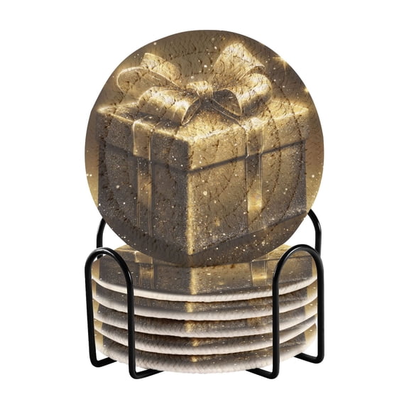 Golden Gift Box Coasters with Holder for Coffee Table 6 Pcs Drink Coaster Sets Absorbent for Home Decor 4 inch