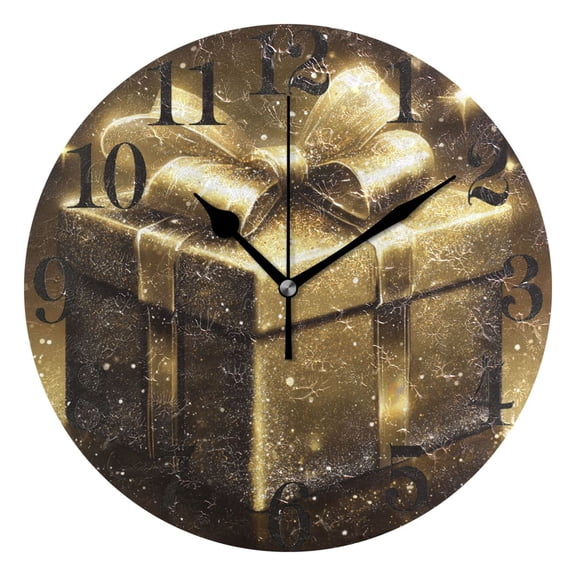 Golden Gift Box Round Wall Clock Battery Operated Silent Non-Ticking Bedroom Office Kitchen Home School Decor 10"(Black)