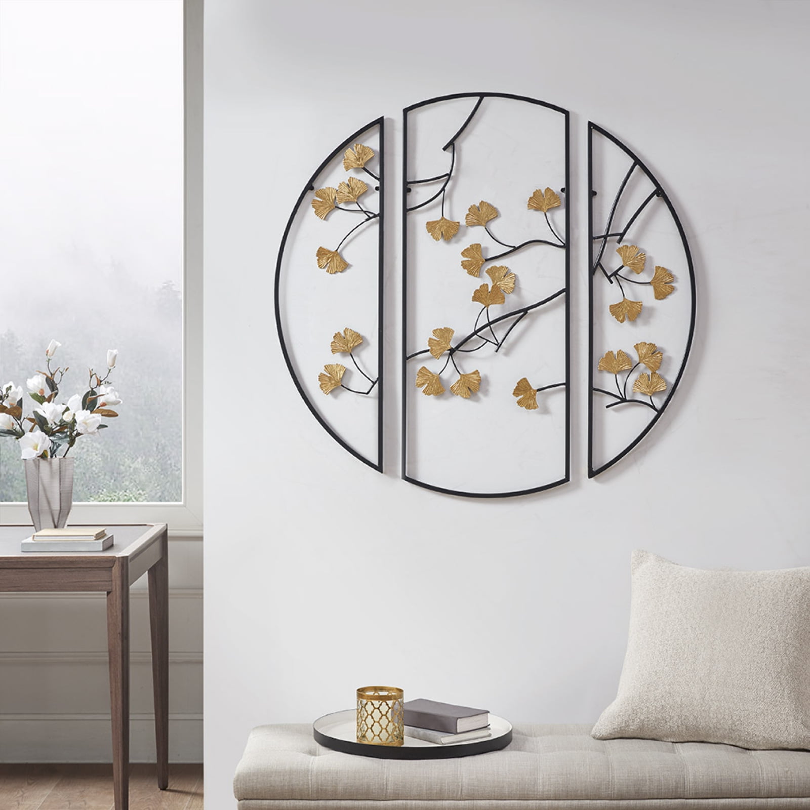 Golden Gingko Leaves Black and Gold 3-Piece Metal Wall Art Set