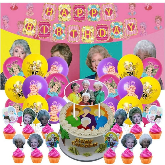 Golden Girl Party Decor Decorations Birthday Set for Kids Supplies Kit Latex Balloons Cake Topper Fans Banner Backdrop
