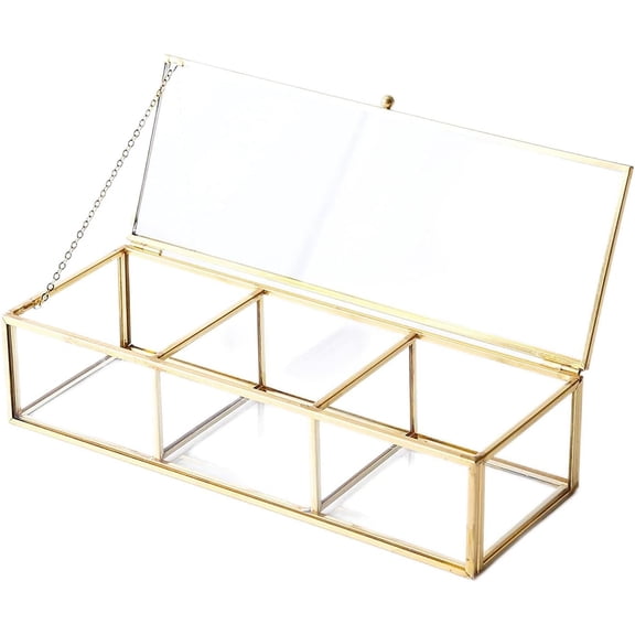 Golden Glass Lidded Box Clear Glass & Brass Storage and Organizer with Lid Beauty Display, Rectangle with 3 Compartment