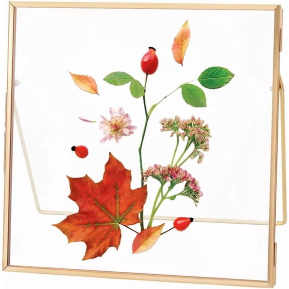 Golden Glass Pressed Flower Frame Handmade Double Glass Frame Tabletop Photo Frame Rectangle Metal Floating Picture Frame