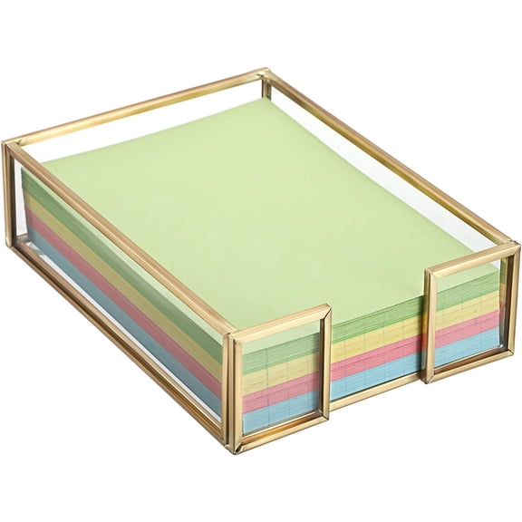 Golden Glass Sticky Note Holder for 4x6 Inch Sticky Notes, Elegant Post It Note Dispenser with Non-Slip Pads Clear Notepad Holder for Desk Organization Planning, Home Office Decor