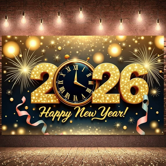 Golden Glitter 2026 New Year Banner Firework Design Happy New Year Display Vintage Clock Roman Numerals Golden Clock Backdrop for New Year Eve Holiday Celebration Party Decoration