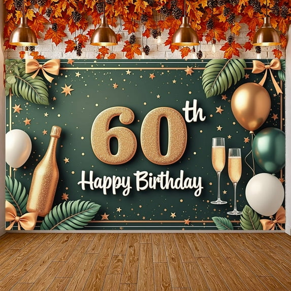 Golden Glitter 60th Birthday Banner Green Background Happy 60th Display Star Decor Gold Balloons 60th Anniversary Backdrop for 60th Birthday Party Anniversary Celebration Milestone Event