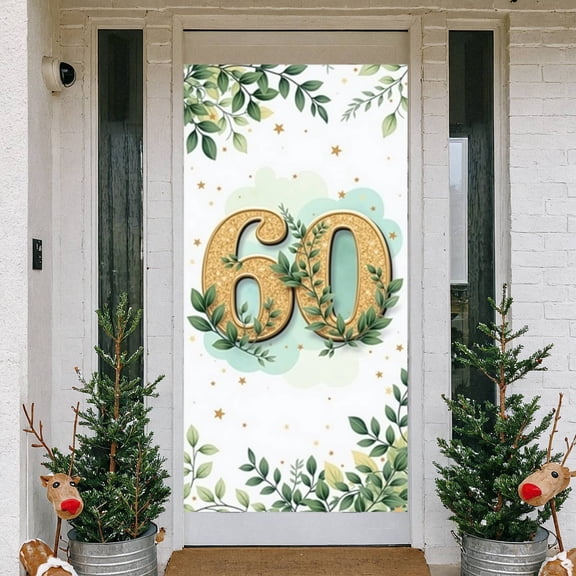 Golden Glitter 60th Birthday Banner Green Leaves Party Backdrop Gold Stars Light Blue Clouds 60th Celebration Background for 60th Birthday Party Anniversary Celebration Family Gathering