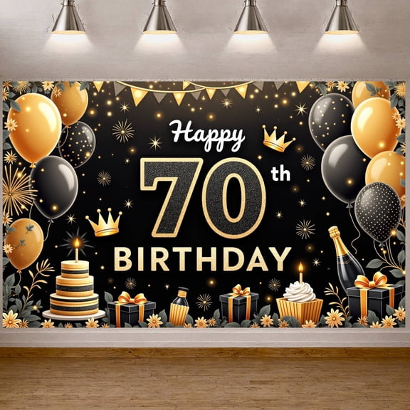 Golden Glitter 70th Birthday Banner Black Gold  Display Royal Crown Balloon Decor Golden Anniversary Backdrop for 70th Birthday Party Senior Anniversary Family Gathering