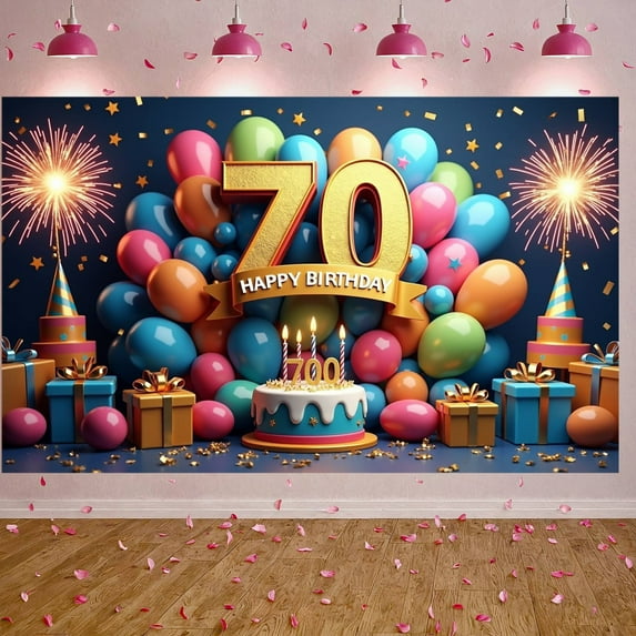 Golden Glitter 70th Birthday Banner Colorful Balloons Display Firework Design Gift Box Decor Birthday Party Backdrop for 70th Birthday Party Indoor Celebration Family Gathering