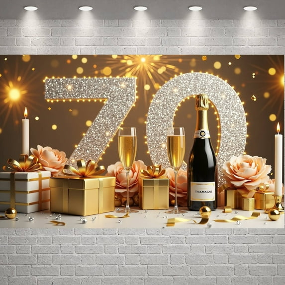 Golden Glitter 70th Birthday Banner Colorful Balloons Display Firework Design Gift Box Decor Birthday Party Backdrop for 70th Birthday Party Indoor Celebration Family Gathering