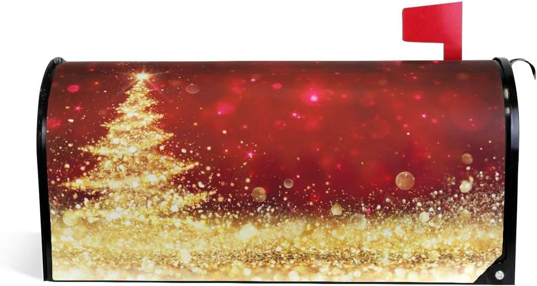 Golden Glitter Christmas Tree Red Magnetic Mailbox Cover Standard Size for Garden Yard Outdoor Decorations-18 x 20.8"