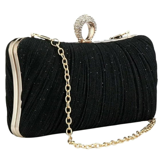 Golden Glitter Clutch Purse Elegant Pleated Evening Bag For Women Bridal Wedding Party Rhinestone Ring Detachable Strap