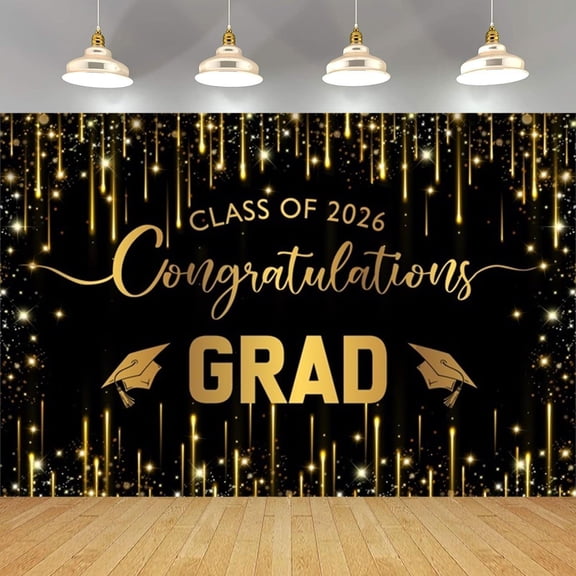 Golden Glitter Congrats Grad Backdrop Green Leaves Class of 2026 Graduation Background Congratulate Graduate Party Decorations Banner Photo Booth Props