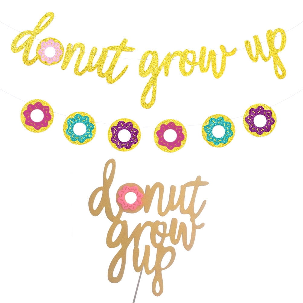 Golden Glitter Donut Grow Up Letters Banner with Cake Topper Birthday