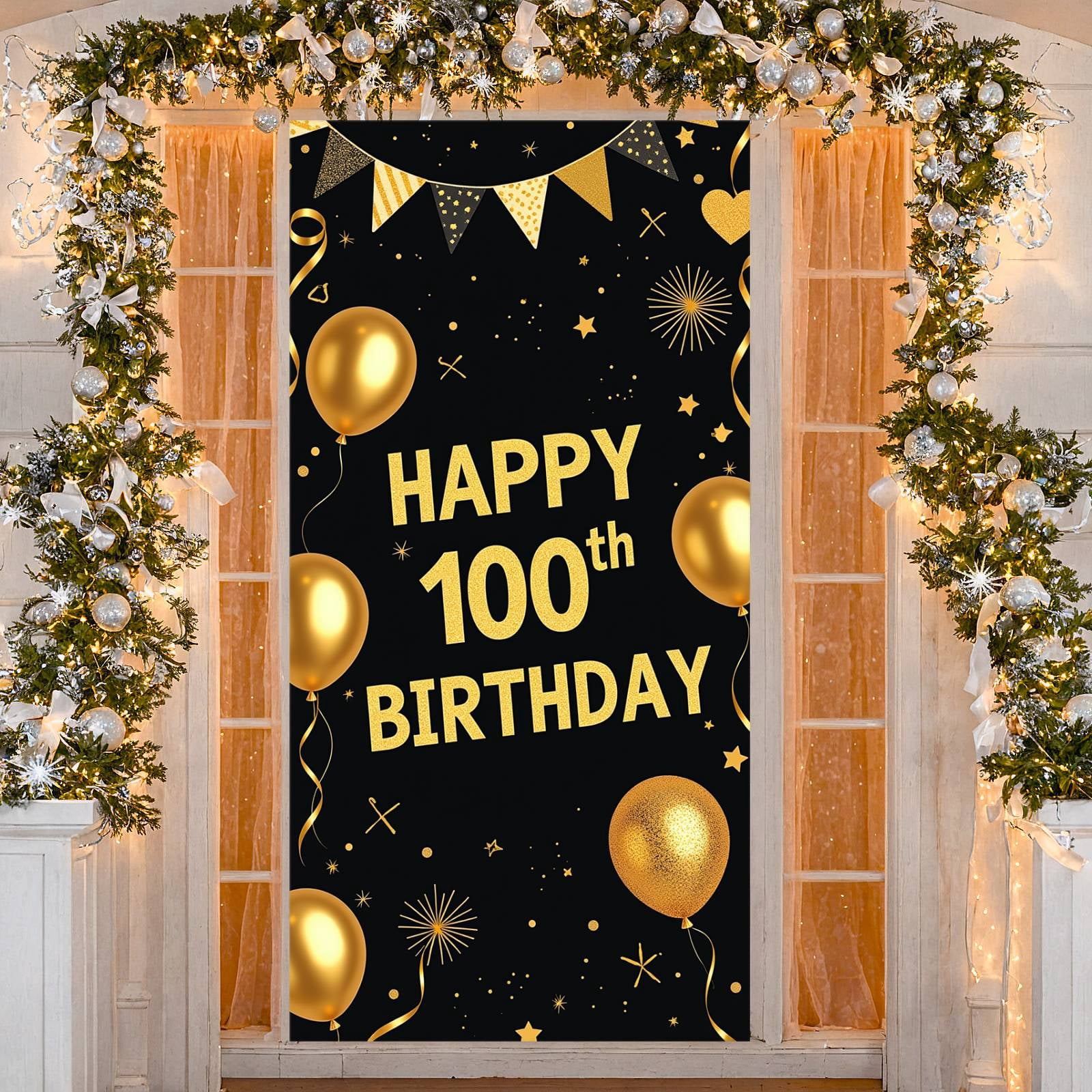 Golden Glitter Happy 100th Birthday Banner Black Background Centennial
