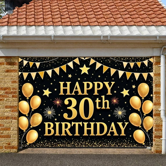 Golden Glitter Happy 30th Birthday Banner Star Pattern 30th Birthday Display Balloon Design Firework Elements Birthday Backdrop for 30th Birthday Party Adult Celebration Photo Shoot