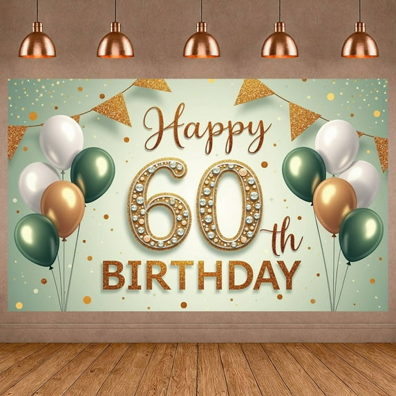 Golden Glitter Happy 60th Birthday Banner Decorated 60th Birthday Display Balloon Design Green White Gold Birthday Party Backdrop for 60th Birthday Party Adult Birthday Celebration Indoor Decoration