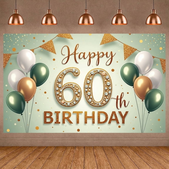 Golden Glitter Happy 60th Birthday Banner Decorated 60th Birthday Display Balloon Design Green White Gold Birthday Party Backdrop for 60th Birthday Party Adult Birthday Celebration Indoor Decoration