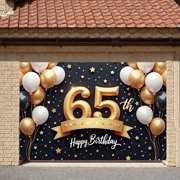 Golden Glitter Happy 65th Birthday Banner Shiny Stars 65th Birthday Display Balloon Decor Ribbon Accent Birthday Party Backdrop for 65th Birthday Party Milestone Celebration Indoor Decoration