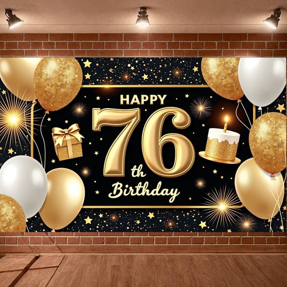 Golden Glitter Happy 76th Birthday Banner Shiny Design 76th Birthday Display Gift Cake Pattern Birthday Backdrop for 76th Birthday Party Adult Anniversary Birthday Celebration