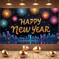 Golden Glitter Happy New Year Banner Colorful Fireworks New Year Display City Skyline Dark Background Festive Backdrop for New Year Party Holiday Celebration New Year Eve Event