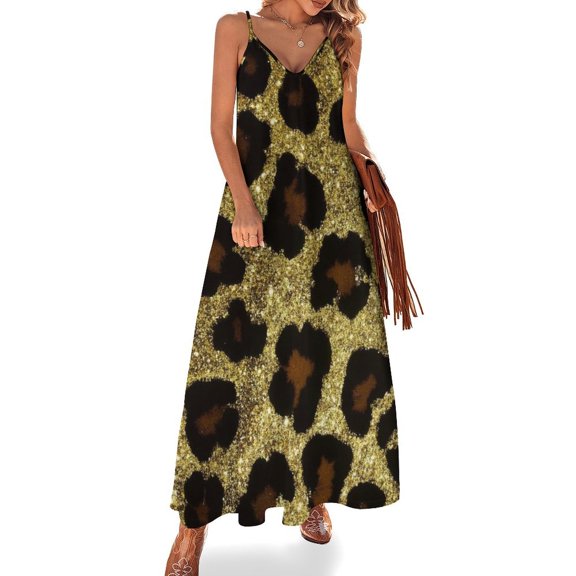 Golden Glitter Leopard Print Fabric Sleeveless Suspender Dress Summer Fashion Casual Long Dress
