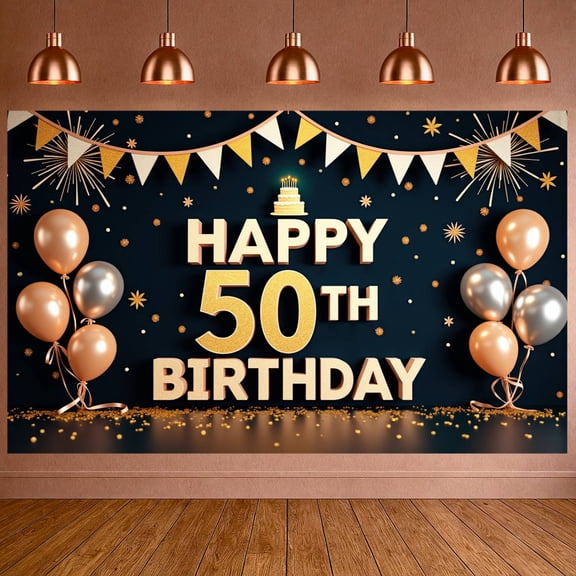 Golden Glitter Lettering Happy 50th Birthday Banner Dark Blue Background 50th Birthday Backdrop Metallic Balloons Golden Confetti Birthday Celebration Display for 50th Birthday Party Adult Birthday
