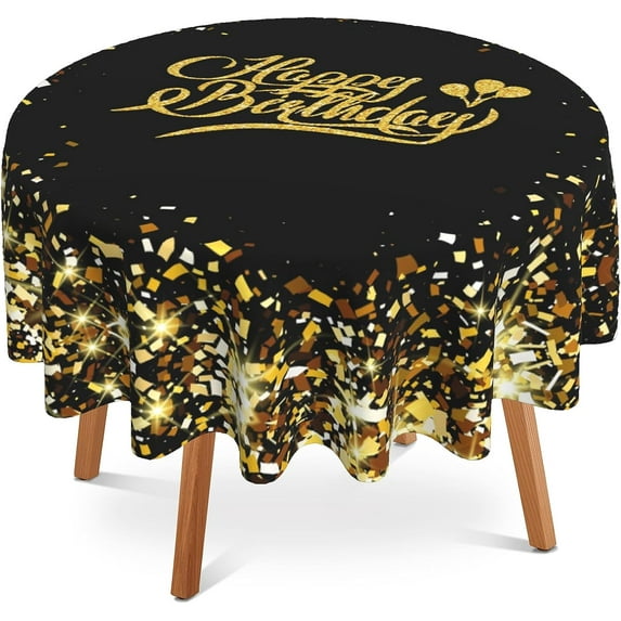 Golden Glitter Tablecloth Round 60 Inch,Happy Birthday Gifts Table Cloth Washable Spillproof Wrinkle Free Fabric Table Cover for Indoor Outdoor Kitchen Dinning