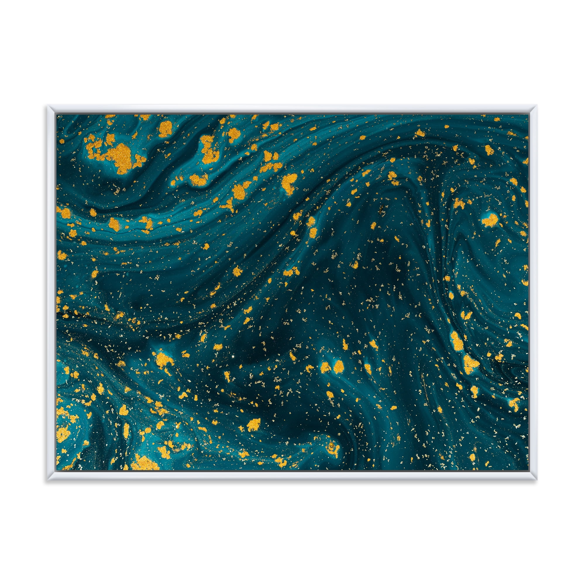 Golden Glitter With Dark Blue Marble 32 in x 24 in Framed Painting Canvas Art Print, by Designart