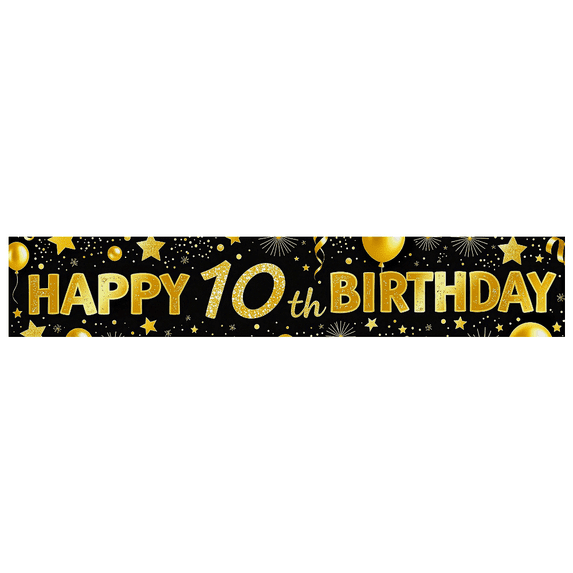 Golden Glittery 10th Birthday Banner with Balloon Star Firework Elements Backdrop Decoration for Birthday Party Celebrations Photography Props Happy Birthday Party Supplies Decorations