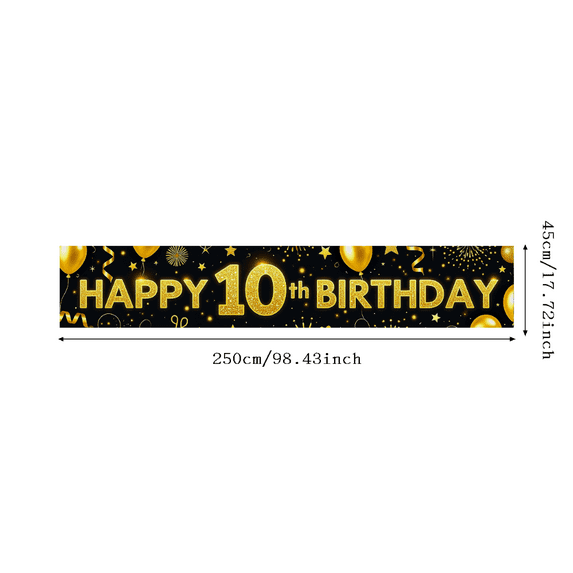 Golden Glittery 10th Birthday Banner with Balloon Star Firework Elements Backdrop Decoration for Birthday Party Celebrations Photography Props Happy Birthday Party Supplies Decorations