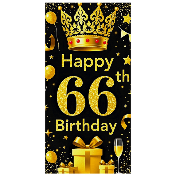 Golden Glittery 66th Birthday Banner with Crown Balloons and Gifts Background Party Supplies Birthday Decoration Photography Props Party Decor Backdrop