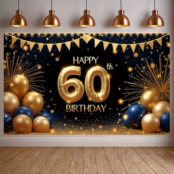 Golden Glittery Happy 60th Birthday Banner Navy Blue 60th Birthday Backdrop Luxury Elegant Sparkling Elements Birthday Celebration Display for 60-Year-Old Celebrants Family Birthday Parties Hotel