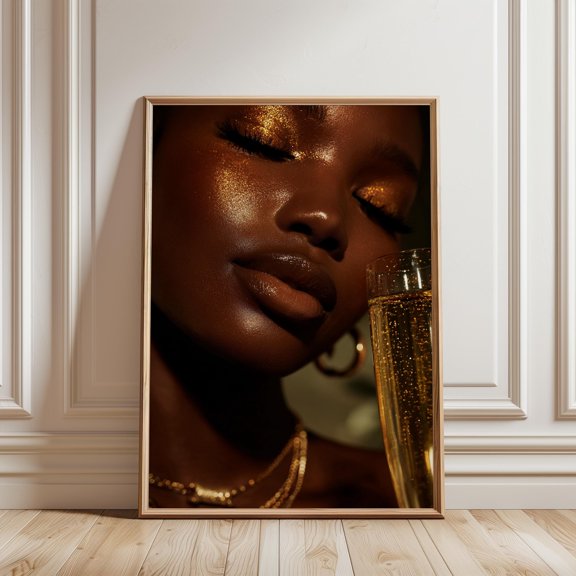Golden Glow Champagne Portrait Luxury Beauty Wall Decor Glam Fashion Art Print Vertical