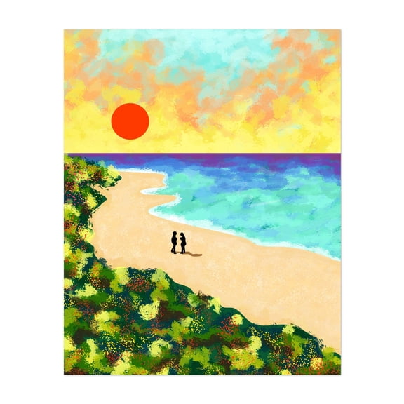 Golden Glow - India Illustration Beach Sunset Coastal Nature Ocean Seascape Pastel Unframed Wall Art Print 12 x 16 inches