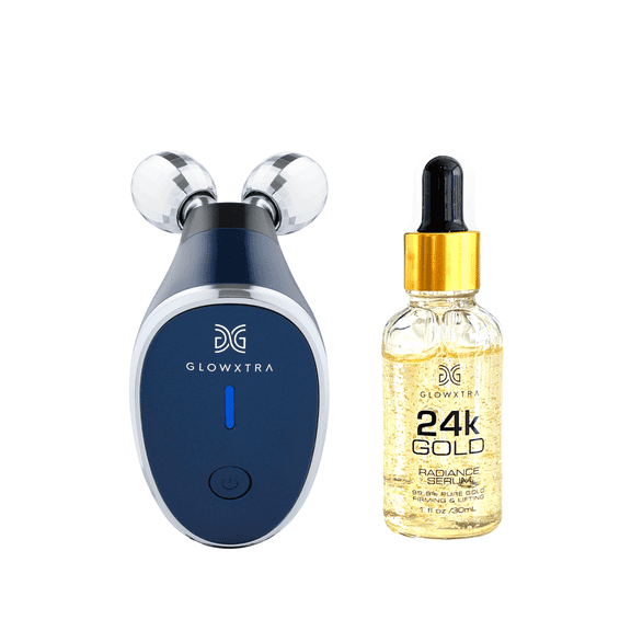 Golden Glow Set: Microcurrent Facial Roller + 24K Gold Serum (Navy Roller)