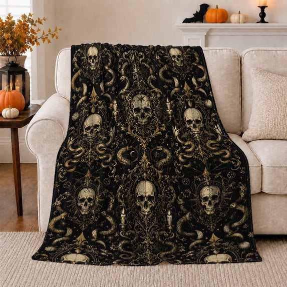 Golden Gothic Motif Baroque Ornament Pattern Gothic Art, Festive Holiday Scene, Warm Flannel Blanket for Home Library and Reading Nook, Art Lovers Housewarming Gift, Gothic Home Decor