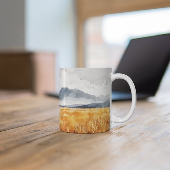 Golden Grain Field and Misty Mountains Mug, Beautiful Nature Scenery Coffee Cup, Nature Lover Gift, Wheat Field Cup, Watercolor Nature Mug.