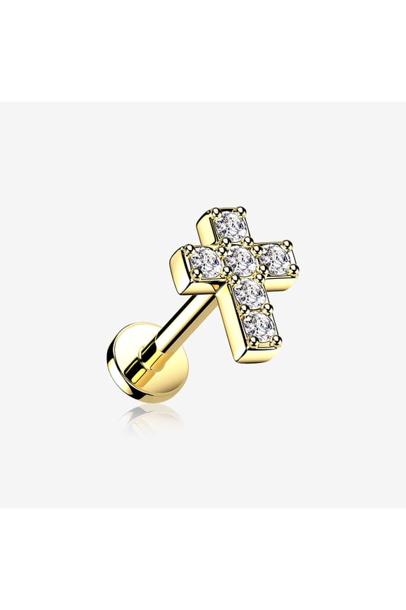 Golden Grand Sparkle Cross Top Internally Threaded Steel Flat Back Stud Labret