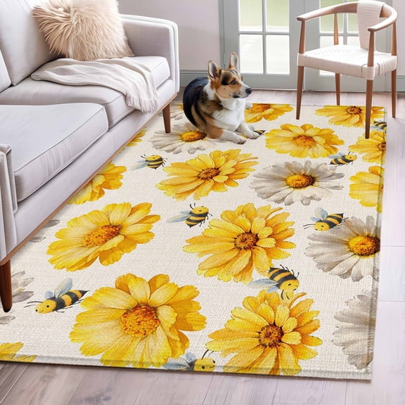 Golden Gray Chrysanthemum Area Rugs 4'x6', Washable Small Throw Rugs for Office Bathroom, Farmhouse Bees Floral Rustic Indoor Outdoor Rug Non-Slip Low Pile Carpet Runner Reversible Floor Mats