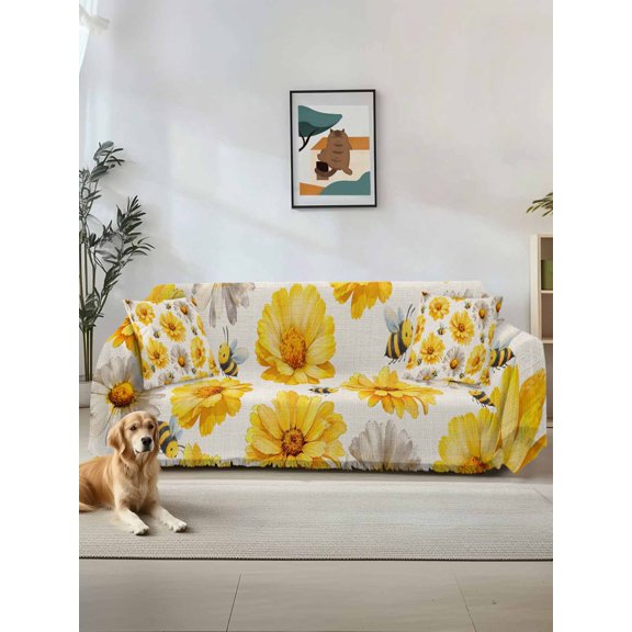 Golden Gray Chrysanthemum Couch Cover for Dogs, Farmhouse Bees Floral Rustic Washable Sofa Covers Slipcover for Pets Dogs Futon Cover, Couch Recliner Covers, Oversized Chair Slipcover 71"x91"