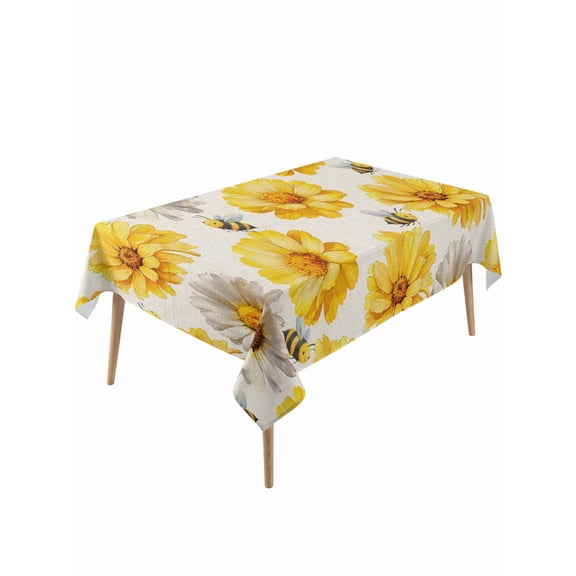 Golden Gray Chrysanthemum Table Cloth, Waterproof Tablecloth for Rectangle Tables, Farmhouse Bees Floral Rustic Reusable Washable Fabric Table Cover for Restaurant Kitchen Dining Tables 60"x120"