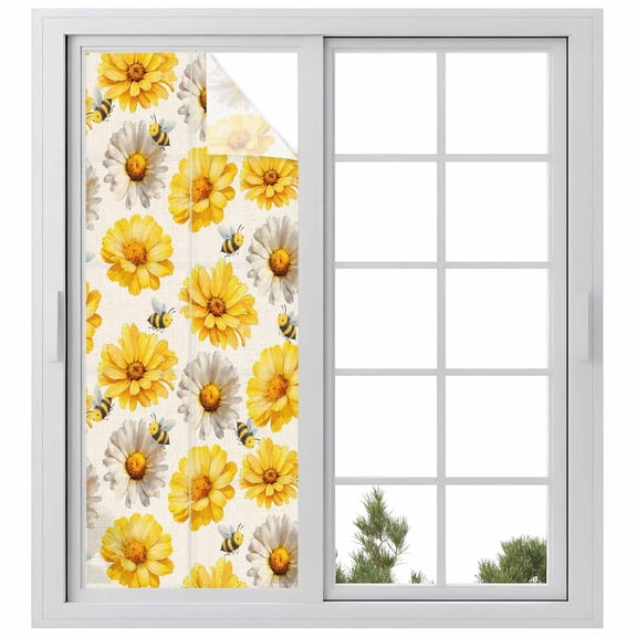 Golden Gray Chrysanthemum Window Privacy Film, Farmhouse Bees Floral Rustic Static Cling UV Sun Blocking Heat Control Window Tint Day and Night, Non-Adhesive One Way Windows Privacy Cover 23.6''x59''