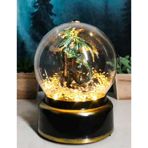 Golden Green Dragon On Castle Mountain Musical LED Air Powered Glitter Globe