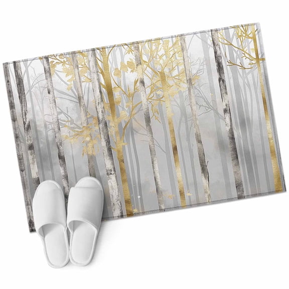 Golden Grey Tree Bathroom Mat 2x3 FT, Non Slip Small Kitchen Mat, Oil Painting Forest Abstract Art Washable Soft Backed Front Door Throw Rug Non-Shedding Indoor Outdoor Doormat for Entryway Sink